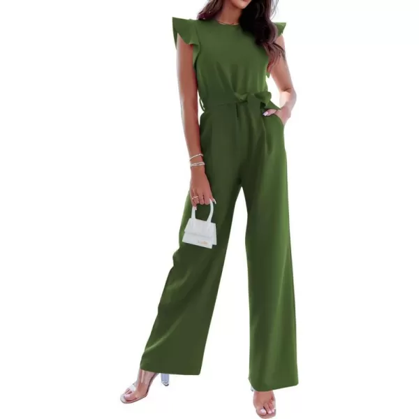 imageBTFBM Women Jumpsuits Crew Neck Ruffle Cap Sleeve Belted High Waist Wide Leg Romper with Pockets One Piece Casual OutfitsSolid Army Green