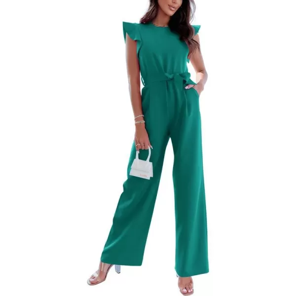 imageBTFBM Women Jumpsuits Crew Neck Ruffle Cap Sleeve Belted High Waist Wide Leg Romper with Pockets One Piece Casual OutfitsSolid Blue Green