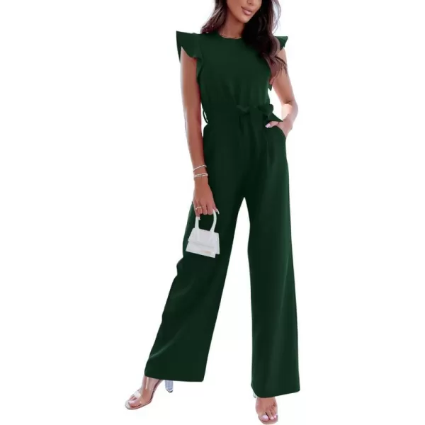 imageBTFBM Women Jumpsuits Crew Neck Ruffle Cap Sleeve Belted High Waist Wide Leg Romper with Pockets One Piece Casual OutfitsSolid Dark Green