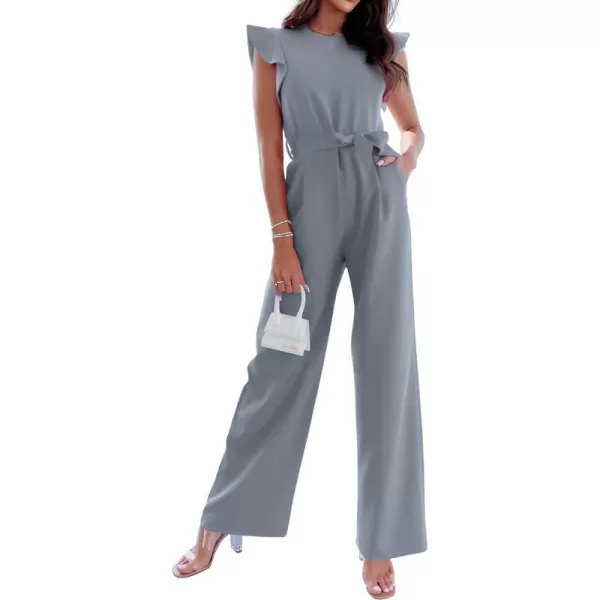 imageBTFBM Women Jumpsuits Crew Neck Ruffle Cap Sleeve Belted High Waist Wide Leg Romper with Pockets One Piece Casual OutfitsSolid Grey