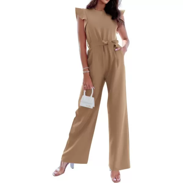 imageBTFBM Women Jumpsuits Crew Neck Ruffle Cap Sleeve Belted High Waist Wide Leg Romper with Pockets One Piece Casual OutfitsSolid Khaki