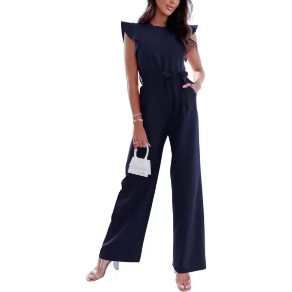 imageBTFBM Women Jumpsuits Crew Neck Ruffle Cap Sleeve Belted High Waist Wide Leg Romper with Pockets One Piece Casual OutfitsSolid Navy
