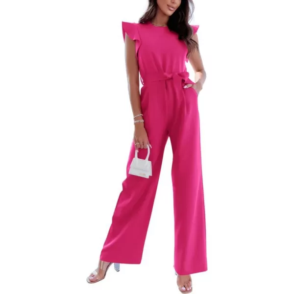 imageBTFBM Women Jumpsuits Crew Neck Ruffle Cap Sleeve Belted High Waist Wide Leg Romper with Pockets One Piece Casual OutfitsSolid Rose Red
