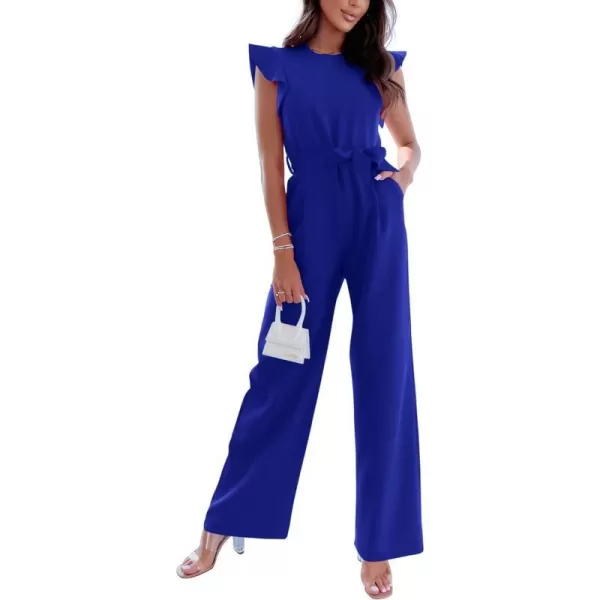 imageBTFBM Women Jumpsuits Crew Neck Ruffle Cap Sleeve Belted High Waist Wide Leg Romper with Pockets One Piece Casual OutfitsSolid Royal Blue