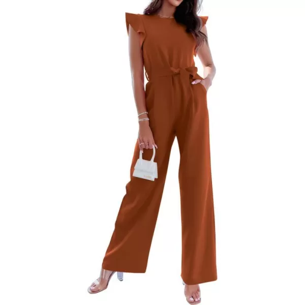 imageBTFBM Women Jumpsuits Crew Neck Ruffle Cap Sleeve Belted High Waist Wide Leg Romper with Pockets One Piece Casual OutfitsSolid Rust Red