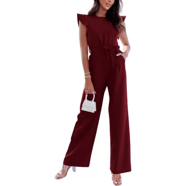imageBTFBM Women Jumpsuits Crew Neck Ruffle Cap Sleeve Belted High Waist Wide Leg Romper with Pockets One Piece Casual OutfitsSolid Wine Red