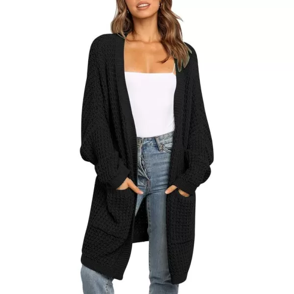 imageBTFBM Women Long Sleeve Open Front Plain Knit Cardigan Fashion Color Block Striped Slouchy Loose Pockets Sweater OutwearBlack