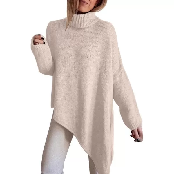 imageBTFBM Women Long Sleeve Turtleneck Knit Sweater Asymmetric Hem Oversized Fall Winter Sweaters Casual Pullover JumperBeige White