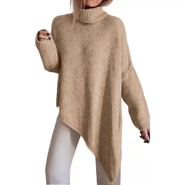imageBTFBM Women Long Sleeve Turtleneck Knit Sweater Asymmetric Hem Oversized Fall Winter Sweaters Casual Pullover JumperSolid Apricot