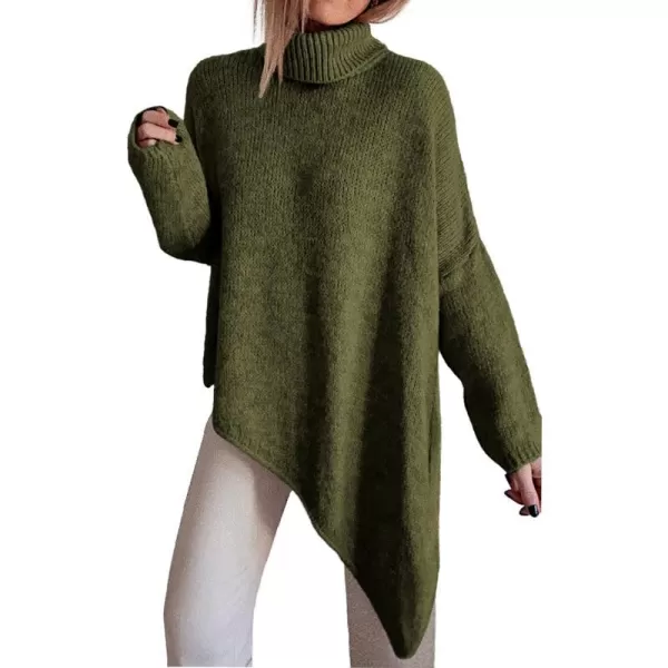 imageBTFBM Women Long Sleeve Turtleneck Knit Sweater Asymmetric Hem Oversized Fall Winter Sweaters Casual Pullover JumperSolid Army Green