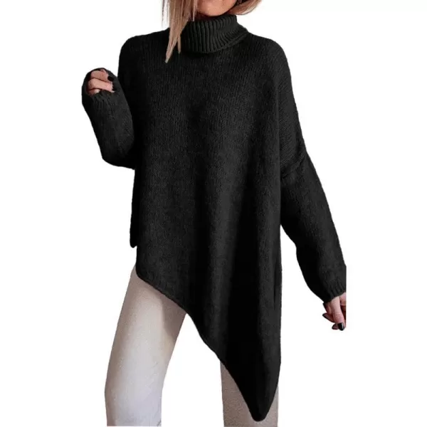 imageBTFBM Women Long Sleeve Turtleneck Knit Sweater Asymmetric Hem Oversized Fall Winter Sweaters Casual Pullover JumperSolid Black