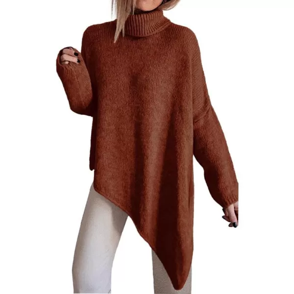 imageBTFBM Women Long Sleeve Turtleneck Knit Sweater Asymmetric Hem Oversized Fall Winter Sweaters Casual Pullover JumperSolid Brick Red