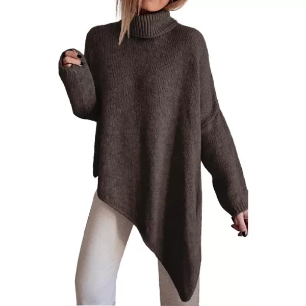 imageBTFBM Women Long Sleeve Turtleneck Knit Sweater Asymmetric Hem Oversized Fall Winter Sweaters Casual Pullover JumperSolid Coffee