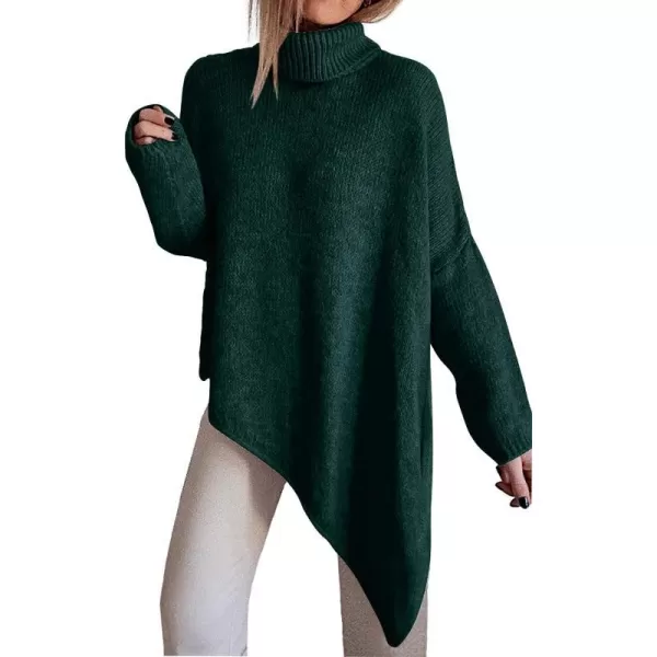 imageBTFBM Women Long Sleeve Turtleneck Knit Sweater Asymmetric Hem Oversized Fall Winter Sweaters Casual Pullover JumperSolid Dark Green