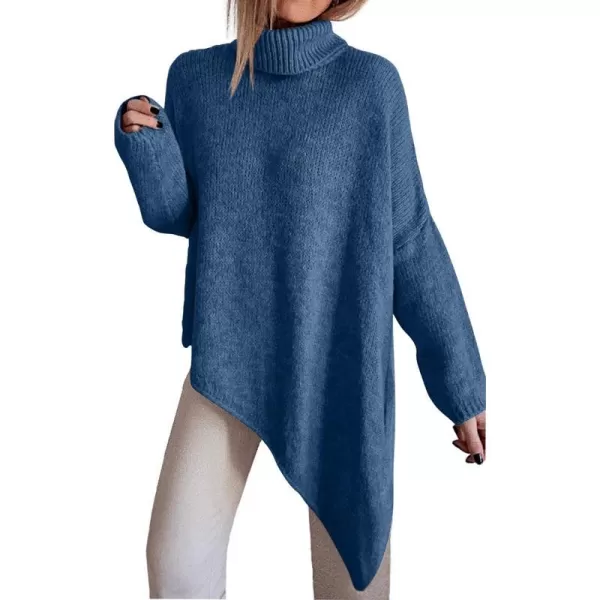 imageBTFBM Women Long Sleeve Turtleneck Knit Sweater Asymmetric Hem Oversized Fall Winter Sweaters Casual Pullover JumperSolid Lake Blue