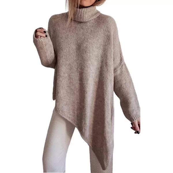 imageBTFBM Women Long Sleeve Turtleneck Knit Sweater Asymmetric Hem Oversized Fall Winter Sweaters Casual Pullover JumperSolid Light Khaki