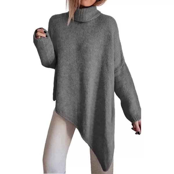 imageBTFBM Women Long Sleeve Turtleneck Knit Sweater Asymmetric Hem Oversized Fall Winter Sweaters Casual Pullover JumperSolid Mid Grey