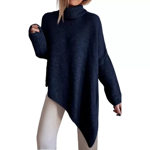 imageBTFBM Women Long Sleeve Turtleneck Knit Sweater Asymmetric Hem Oversized Fall Winter Sweaters Casual Pullover JumperSolid Navy