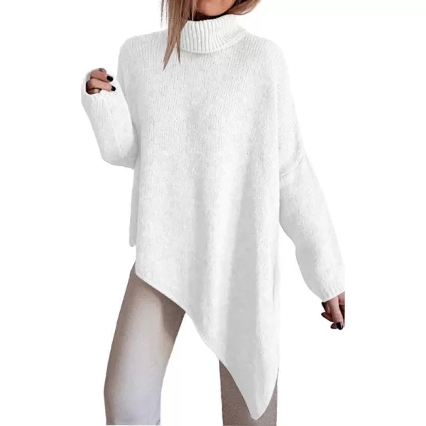 imageBTFBM Women Long Sleeve Turtleneck Knit Sweater Asymmetric Hem Oversized Fall Winter Sweaters Casual Pullover JumperSolid White