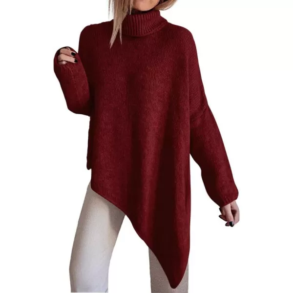 imageBTFBM Women Long Sleeve Turtleneck Knit Sweater Asymmetric Hem Oversized Fall Winter Sweaters Casual Pullover JumperSolid Wine Red