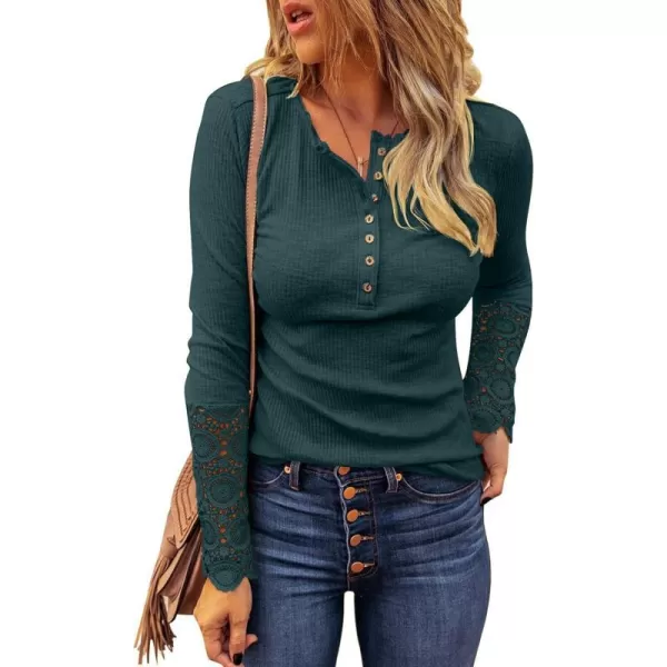 imageBTFBM Women Long Sleeve V Neck Button Up Solid Tops Blouses Trendy Slim Fit Lace Sleeves Ribbed Knit Casual Shirts TunicLace Dark Green