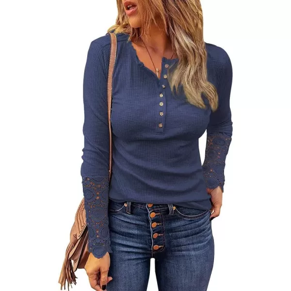 imageBTFBM Women Long Sleeve V Neck Button Up Solid Tops Blouses Trendy Slim Fit Lace Sleeves Ribbed Knit Casual Shirts TunicLace Navy