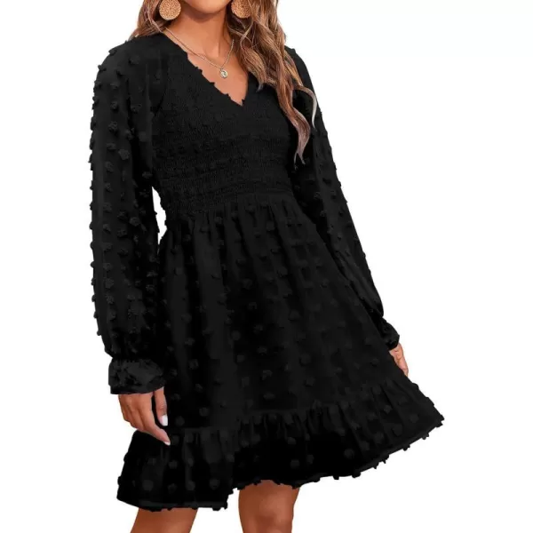 imageBTFBM Women Long Sleeve V Neck Smocked Short Dress Flowy Casual SwissDot Ruffle Mini Babydoll Summer Fall Dresses 2023Solid Black