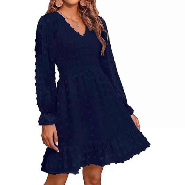 imageBTFBM Women Long Sleeve V Neck Smocked Short Dress Flowy Casual SwissDot Ruffle Mini Babydoll Summer Fall Dresses 2023Solid Navy