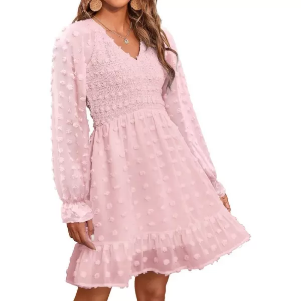 imageBTFBM Women Long Sleeve V Neck Smocked Short Dress Flowy Casual SwissDot Ruffle Mini Babydoll Summer Fall Dresses 2023Solid Pink