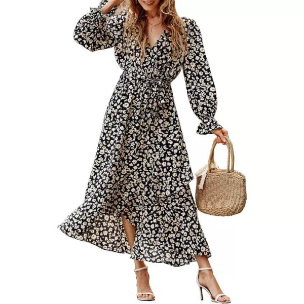 imageBTFBM Women Long Sleeve Wrap Maxi Dress V Neck Boho Floral High Waist Flowy Ruffle 2023 Summer Fall Dresses with BeltBig Floral Black