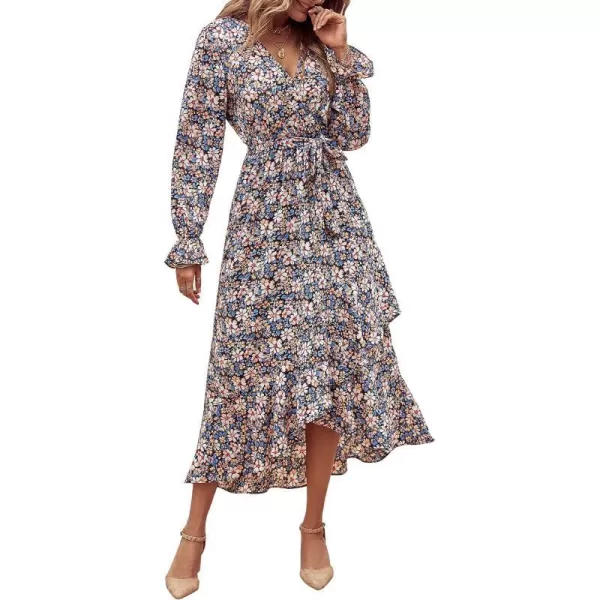 imageBTFBM Women Long Sleeve Wrap Maxi Dress V Neck Boho Floral High Waist Flowy Ruffle 2023 Summer Fall Dresses with BeltBig Floral Blue White