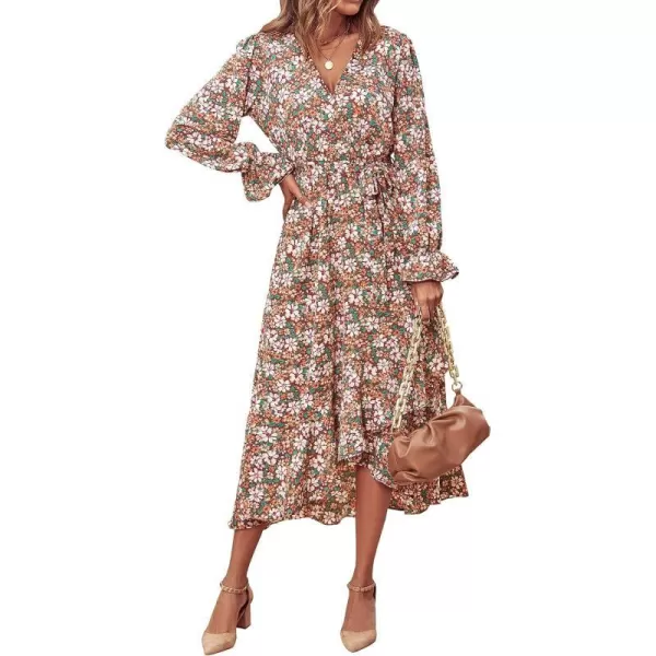 imageBTFBM Women Long Sleeve Wrap Maxi Dress V Neck Boho Floral High Waist Flowy Ruffle 2023 Summer Fall Dresses with BeltBig Floral Brown Green