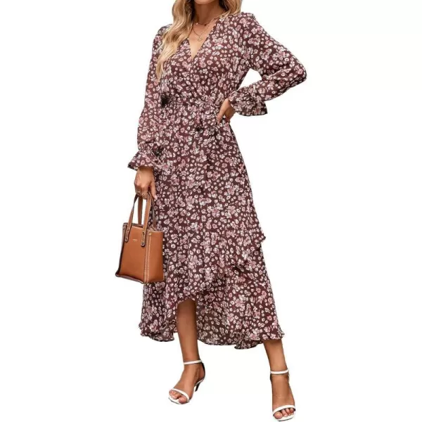 imageBTFBM Women Long Sleeve Wrap Maxi Dress V Neck Boho Floral High Waist Flowy Ruffle 2023 Summer Fall Dresses with BeltBig Floral Wine Red