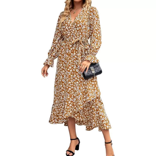 imageBTFBM Women Long Sleeve Wrap Maxi Dress V Neck Boho Floral High Waist Flowy Ruffle 2023 Summer Fall Dresses with BeltBig Floral Yellow