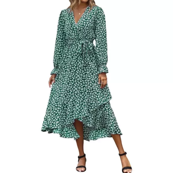 imageBTFBM Women Long Sleeve Wrap Maxi Dress V Neck Boho Floral High Waist Flowy Ruffle 2023 Summer Fall Dresses with BeltDaisy White Dark Green