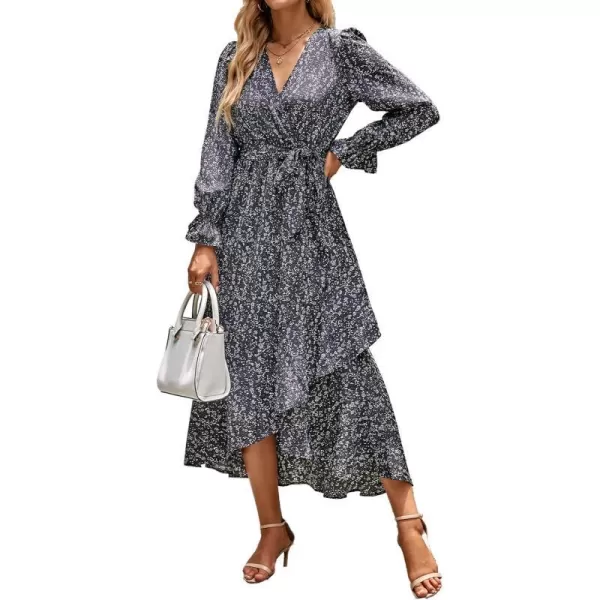 imageBTFBM Women Long Sleeve Wrap Maxi Dress V Neck Boho Floral High Waist Flowy Ruffle 2023 Summer Fall Dresses with BeltFloral Black