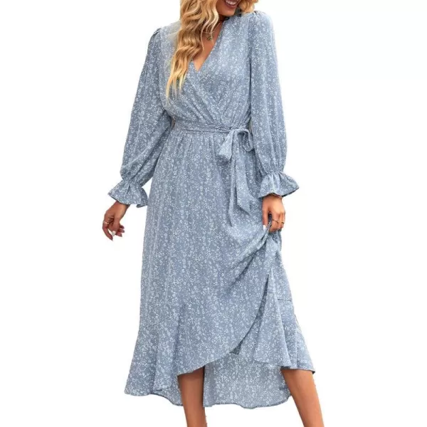 imageBTFBM Women Long Sleeve Wrap Maxi Dress V Neck Boho Floral High Waist Flowy Ruffle 2023 Summer Fall Dresses with BeltFloral Blue