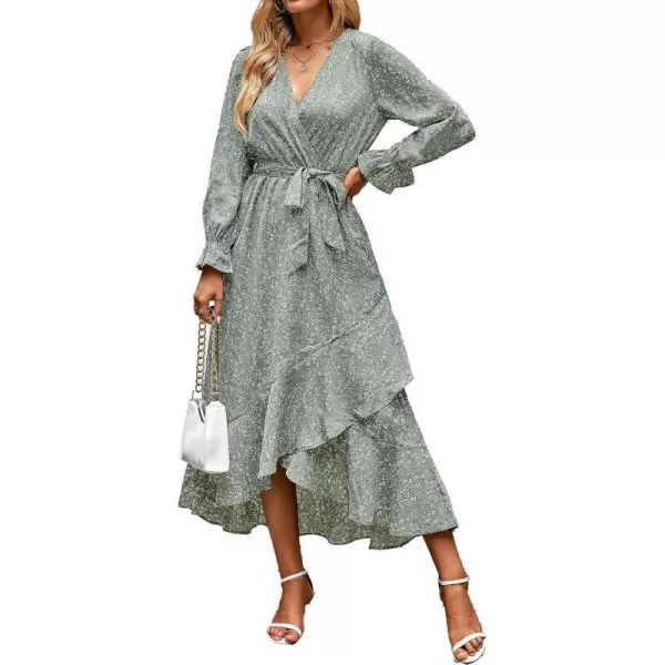 imageBTFBM Women Long Sleeve Wrap Maxi Dress V Neck Boho Floral High Waist Flowy Ruffle 2023 Summer Fall Dresses with BeltFloral Green