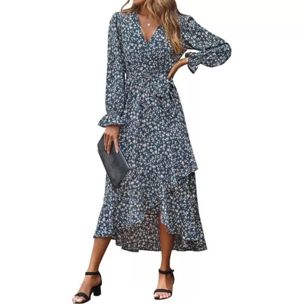 imageBTFBM Women Long Sleeve Wrap Maxi Dress V Neck Boho Floral High Waist Flowy Ruffle 2023 Summer Fall Dresses with BeltFloral Light Blue Apricot