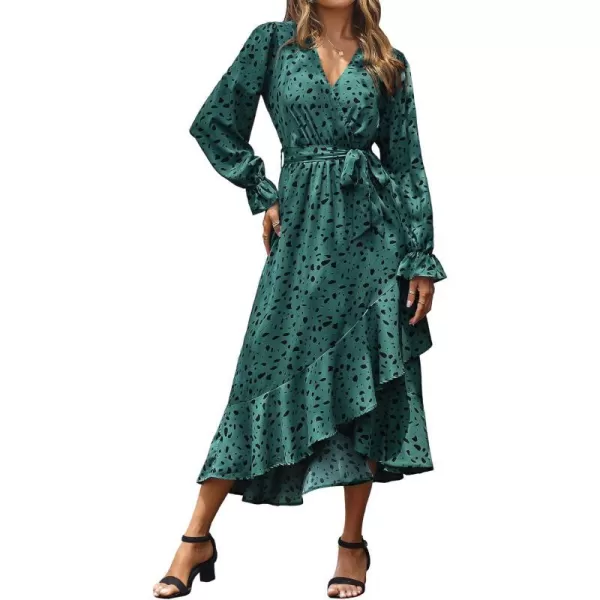 imageBTFBM Women Long Sleeve Wrap Maxi Dress V Neck Boho Floral High Waist Flowy Ruffle 2023 Summer Fall Dresses with BeltLeopard Dot Green