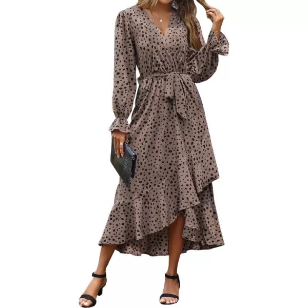 imageBTFBM Women Long Sleeve Wrap Maxi Dress V Neck Boho Floral High Waist Flowy Ruffle 2023 Summer Fall Dresses with BeltLeopard Dot Light Khaki