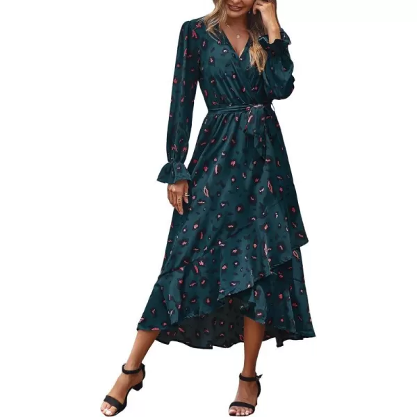 imageBTFBM Women Long Sleeve Wrap Maxi Dress V Neck Boho Floral High Waist Flowy Ruffle 2023 Summer Fall Dresses with BeltLeopard Navy
