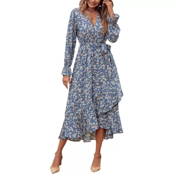 imageBTFBM Women Long Sleeve Wrap Maxi Dress V Neck Boho Floral High Waist Flowy Ruffle 2023 Summer Fall Dresses with BeltPrint Floral Blue