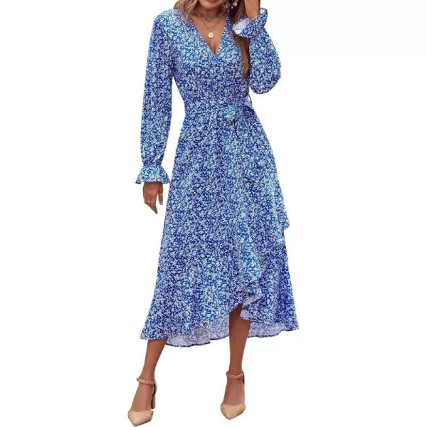 imageBTFBM Women Long Sleeve Wrap Maxi Dress V Neck Boho Floral High Waist Flowy Ruffle 2023 Summer Fall Dresses with BeltWhite Floral Bright Blue
