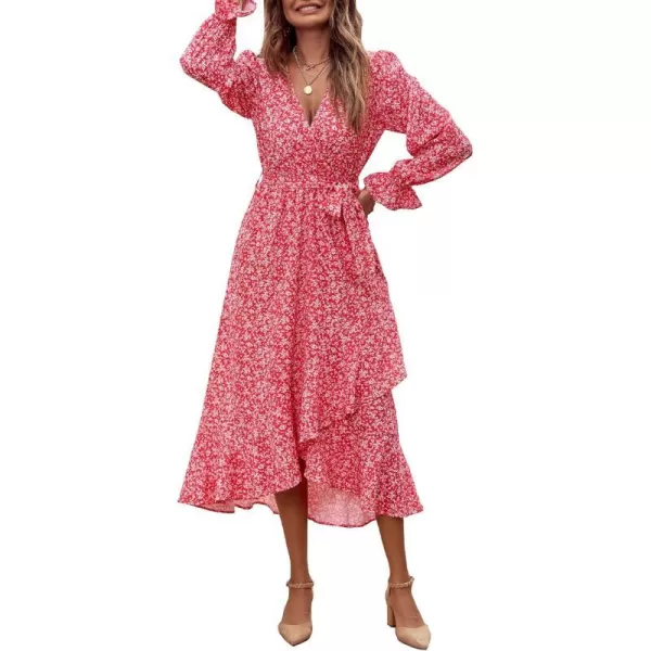 imageBTFBM Women Long Sleeve Wrap Maxi Dress V Neck Boho Floral High Waist Flowy Ruffle 2023 Summer Fall Dresses with BeltWhite Floral Red