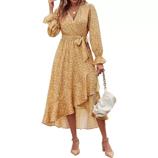 imageBTFBM Women Long Sleeve Wrap Maxi Dress V Neck Boho Floral High Waist Flowy Ruffle 2023 Summer Fall Dresses with BeltWhite Floral Yellow