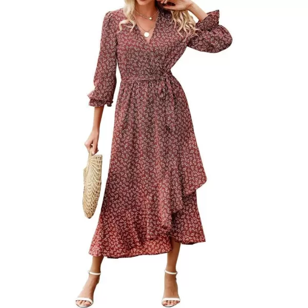 imageBTFBM Women Long Sleeve Wrap Maxi Dress V Neck Boho Floral High Waist Flowy Ruffle 2023 Summer Fall Dresses with BeltWine RedWhite