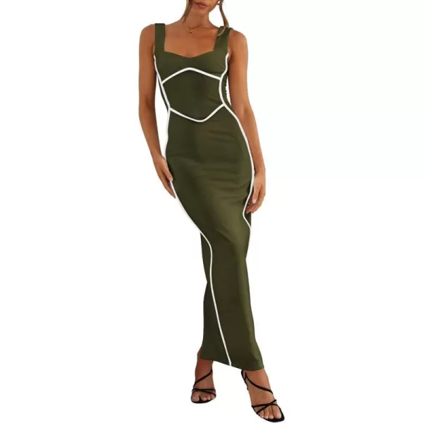 imageBTFBM Women Maxi Bodycon Dresses Square Neck Sleeveless Contrast Binding Split Cocktail Party Club Tank Long Dress 2024Solid Army Green
