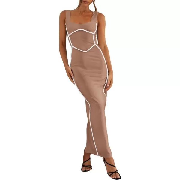 imageBTFBM Women Maxi Bodycon Dresses Square Neck Sleeveless Contrast Binding Split Cocktail Party Club Tank Long Dress 2024Solid Khaki