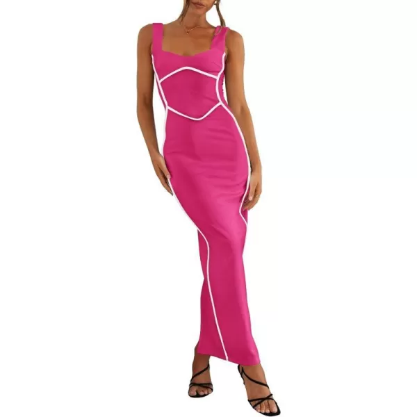 imageBTFBM Women Maxi Bodycon Dresses Square Neck Sleeveless Contrast Binding Split Cocktail Party Club Tank Long Dress 2024Solid Rose Red